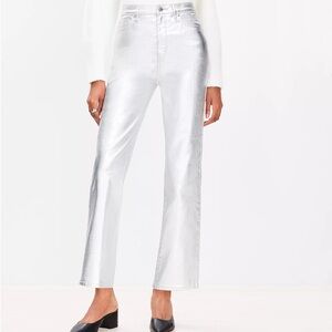 Coated high rise straight jeans in silver metallic